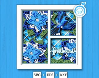 Winter Bluejay with Poinsettia Panels - 3D Shadow Box Layered SVG DXF EPS (Cutting Files)