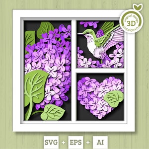 Colibri 3D avec cadre ombre fleurs branche lilas SVG, SVG printemps 3D, fleurs lilas 3D SVG, Svg 3D colibri en couches, Silhouette Cricut