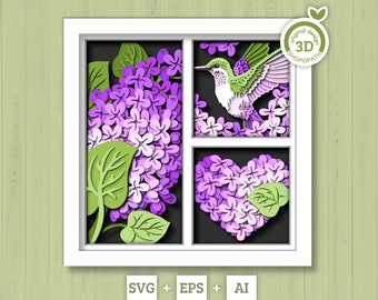 3D Hummingbird With Lilac Branch Flowers Shadow Box SVG, 3D Spring SVG, 3D Lilac Flowers SVG, Layered Humming Bird 3d Svg, Cricut Silhouette