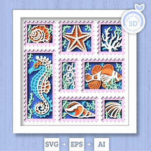 Caja de sombras 3D con diseño de mar en SVG, caja de sombras con sellos, caja de sombras 3D para acuario, estrella de mar, caballito de mar, pez payaso en SVG en 3D, svg náutico, silueta de Cricut