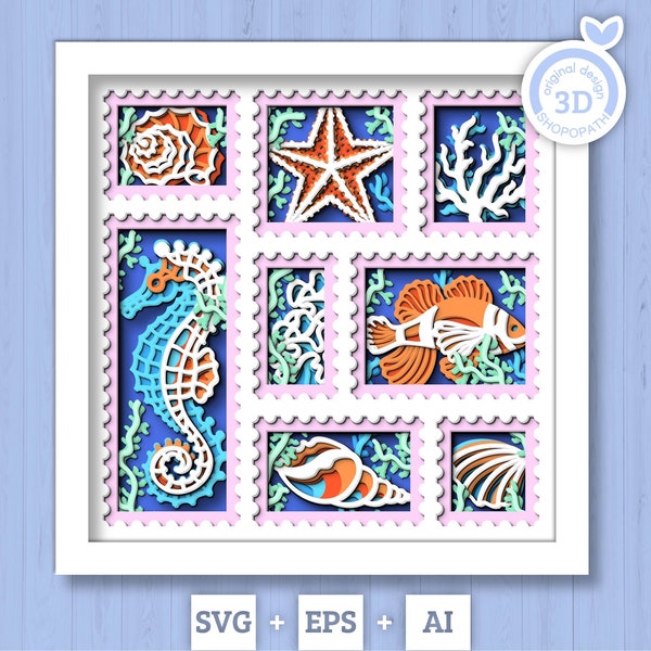 3D Sea Shadow Box SVG, Stamps Shadow Box 3D Aquarium Shadow Box, Starfish, Seahorse, Clown Fish 3D Svg, Nautical svg, Cricut Silhouette