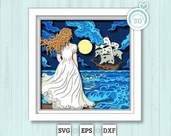 3D SVG vrouw kijken naar Ghost Ship Shadow Box, Ghost Ship 3D Svg, zee 3D Svg, schip 3D svg, zomer 3D Svg, zeegezicht 3D svg, Cricut silhouet