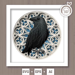 Corbeau SVG 3D avec fenêtre gothique, automne 3D SVG, SVG 3D fenêtre gothique, Corbeau 3D, Corbeau SVG 3D, Halloween 3D SVG, Silhouette Cricut