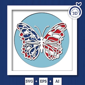 Mariposa en capas 3D SVG EPS, caja de sombra de EE. UU., papel cortado en capas Svg 3D de Estados Unidos, 4 de julio en 3D, bandera estadounidense en capas, silueta de Cricut