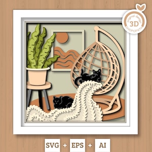 Caixa de sombra para cadeira de balanço Boho 3D, Boho Cats SVG, Caixa de sombra para sala Boho, SVG Boho em camadas SVG, Boho Plants Svg, Papercut svg Cricut Silhouette