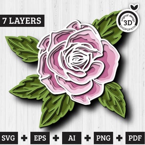 3D Warstwowa Róża z Liśćmi SVG PDF EPS, Warstwowy Kwiat SVG, Warstwowa Wycinanka Papierowa SVG, Róża z Liśćmi SVG, Kwiatowy, Cricut Glowforge