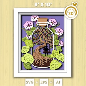 3D SVG Terrarium in der Flasche Schattenbox, Morning Glory Blume 3D svg, Junge auf einer Schaukel 3d svg, 3D Sommer SVG, 3D Blumen SVG, Cricut Silhouette