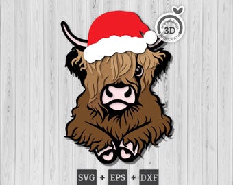 Christmas Baby Highland Cow with Santa Hat - 3D Element Layered SVG DXF EPS for Laser Cut, Glowforge, Cricut (Cutting Files)