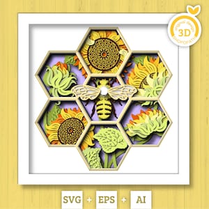Tournesols 3D avec abeille abeille boîte ombre SVG, boîte ombre d'été, abeille en couches Svg 3D, 3D tournesol Papercut svg, Silhouette Cricut