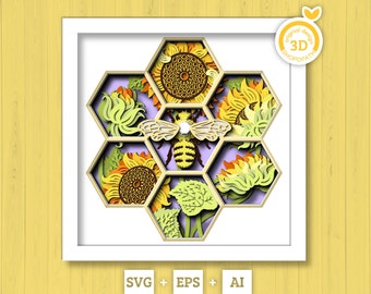 3D Sunflowers With Honey Bee Shadow Box SVG, Summer Shadow Box, Layered Honey Bee 3D Svg, 3D Sunflower Papercut svg, Cricut Silhouette