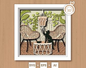 3D Boho Patio Shadow Box SVG Layered Boho SVG, Boho Room Shadow Box, Boho Plants 3D Svg, 3D Boho Cats SVG, Papercut svg, Cricut Silhouette