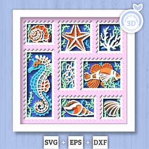 3D Sea Shadow Box SVG, Stamps Shadow Box 3D Aquarium Shadow Box, Starfish, Seahorse, Clown Fish 3D Svg, Nautical svg, Cricut Silhouette