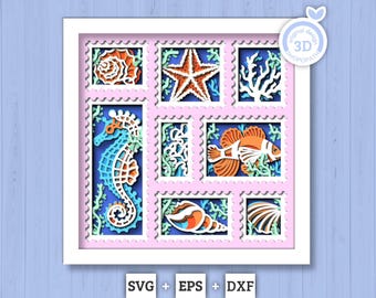Sea Creatures Aquarium Stamps - 3D Shadow Box Layered SVG DXF EPS (Cutting Files)