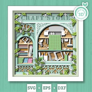 Peut inclure: Une création en papier 3D d'un intérieur de magasin d'artisanat, avec une machine Cricut, des outils et des fournitures. La conception comprend le texte "CRAFT STORE" et est décorée de feuilles et de fleurs en papier. L'image est encadrée en blanc sur un fond turquoise.