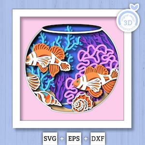 Caja de sombras de acuario 3D SVG, caja de sombras marinas, pez payaso, estrella de mar, caballito de mar 3D Svg, criaturas marinas 3D Svg, silueta náutica SVG Cricut