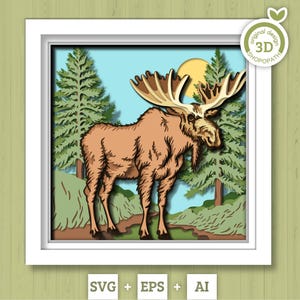 3D orignal debout dans la forêt ombre boîte SVG, 3D SVG été, 3D orignal Svg, Nature 3D SVG, pins svg 3D, forêt 3D svg, Silhouette Cricut