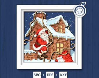 Santa Claus Climbing on Roof - 3D Shadow Box Layered SVG DXF EPS (Cutting Files)