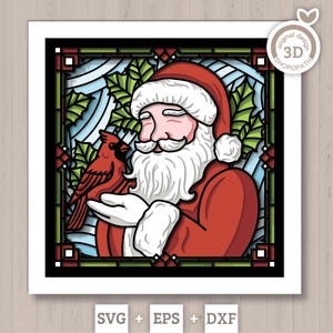 May include: A multi-layered 3D paper craft design featuring Santa Claus with a white beard and red suit holding a red cardinal bird. The background includes green holly leaves and blue swirling patterns. Text at the bottom reads SVG + EPS + DXF.