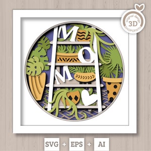 3d svg mãe sombra caixa svg dia das mães caixa de sombra primavera jardim com folhas vasos de cerâmica plantas em camadas svg, silhueta cricut