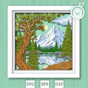 Paesaggio montano Shadow Box 3D SVG con foresta e lago a strati, file DXF EPS in formato SVG 3D per Cricut, Silhouette e Brother