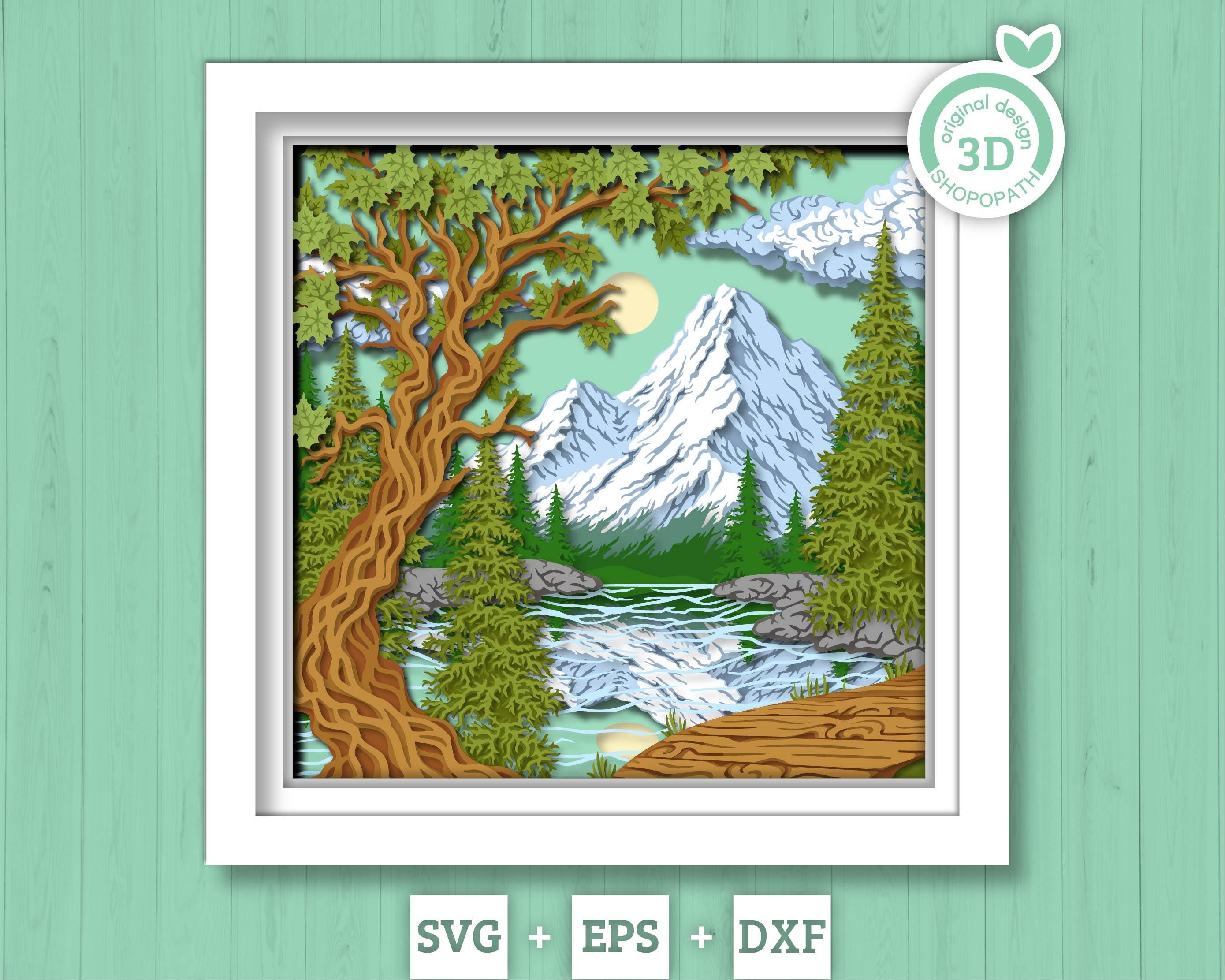 Mountain Landscape Shadow Box 3D SVG With Layered Forest and Lake, 3D Svg Papercut Cutting DXF EPS Files for Cricut Silhouette Brother
