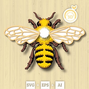 Abeille en couches 3D SVG PDF EPS, abeille en couches 3D, svg papercut en couches, bugs Svg, abeille découpée au laser, abeille 3D Svg, Cricut, Glowforge