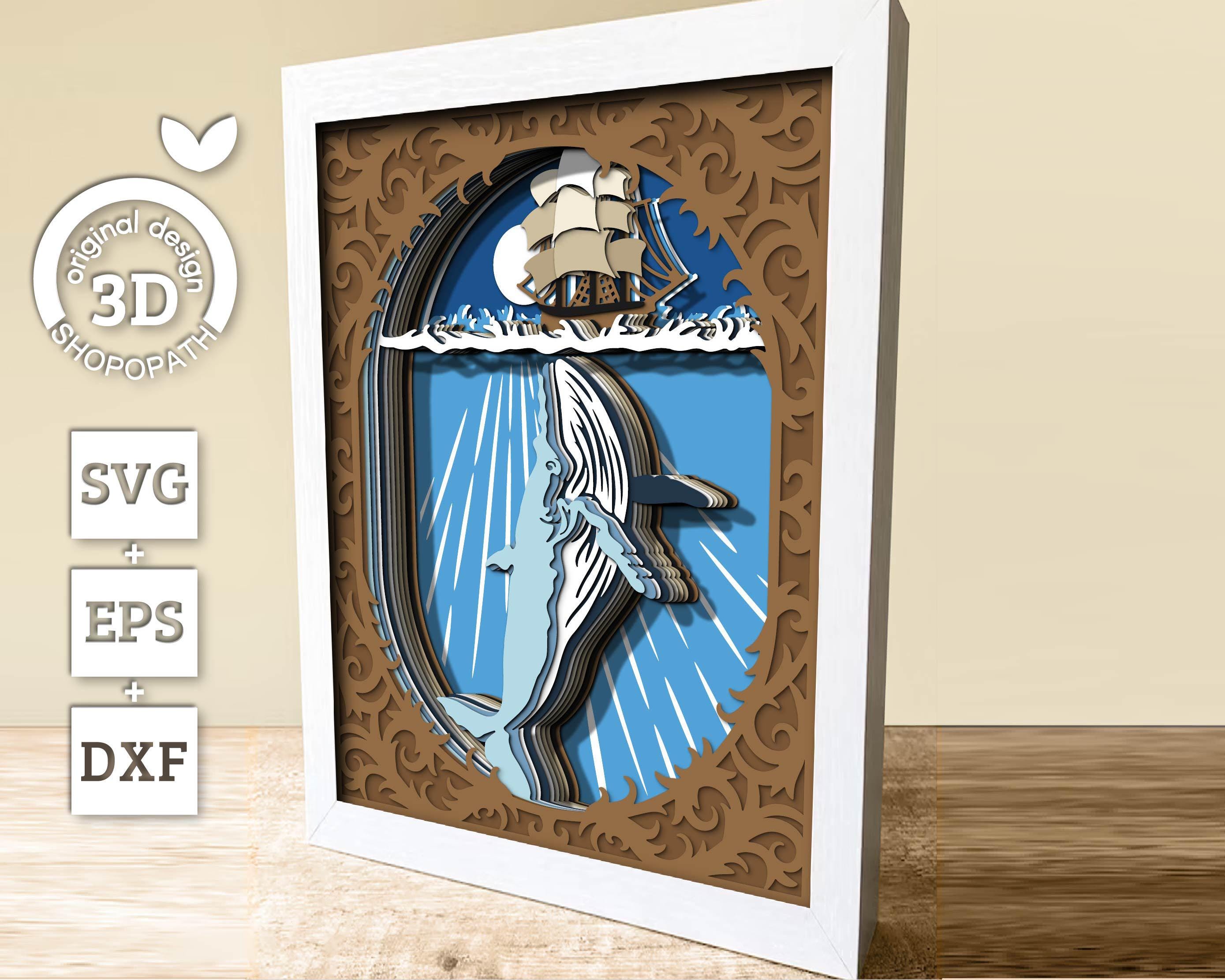 3D Sailing Ship and Whale Shadow Box SVG, 8x10 Inch Layered Whale 3D ...