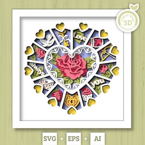 3D SVG Saint-Valentin Shadow Box, calendrier de l'Avent Saint-Valentin couches coeur SVG, amour 3D Svg, romantique Shadow Box 3D roses Silhouette Cricut