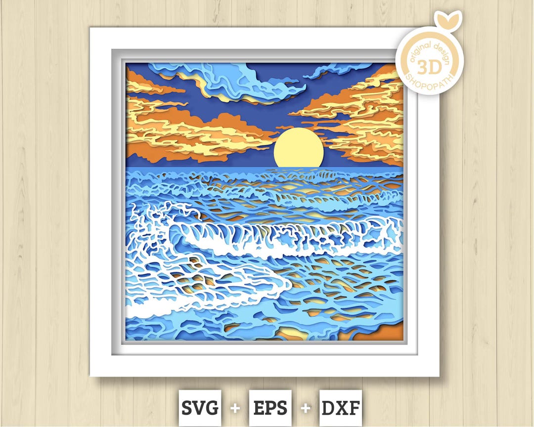 Beach Sunset With Waves - 3D Shadow Box Layered SVG DXF EPS (cutting ...