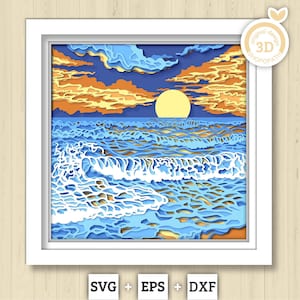 Atardecer en la playa con olas - Caja de sombras 3D con capas SVG DXF EPS (archivos de corte)