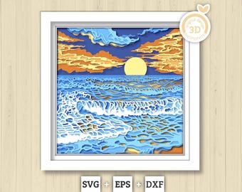 Atardecer en la playa con olas - Caja de sombras 3D con capas SVG DXF EPS (archivos de corte)