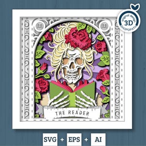 3D SVG Reader Skelett Tarot-Karte Schattenbox, Halloween Schattenbox 3D SVG, Karte lesen 3D SVG, Bücher 3D SVG, Tarot 3D SVG, Cricut Silhouette
