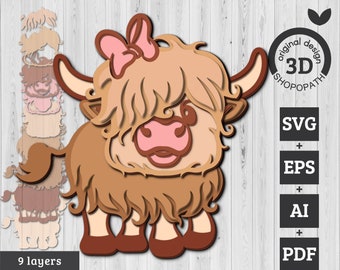 Vaca de las Tierras Altas en capas 3D con lazo SVG, archivo cortado con láser (descarga digital)