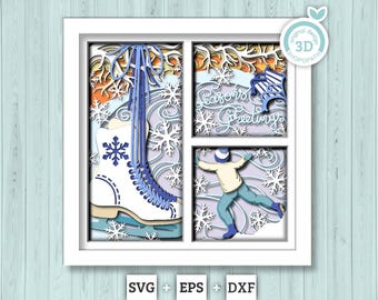 3D SVG Boy Ice Skating Shadow Box, Layered Winter Shadow Box Svg, Snowflakes 3D Svg Skates 3d Svg Christmas Shadow Box svg Cricut Silhouette
