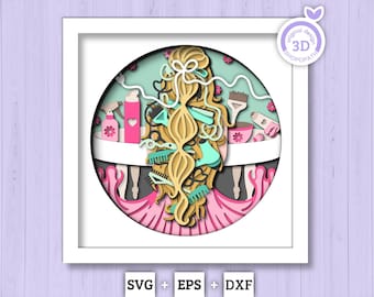 May include: A layered paper art piece featuring a woman with long blonde hair, surrounded by salon tools. The artwork includes pink, teal, and white elements, with the text "original design 3D shopopath" and "SVG + EPS + DXF".