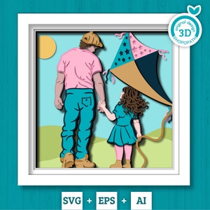 3D SVG Vater und Tochter fliegen Kite Shadow Box, 3D Layered SVG, Playtime 3D svg, Layered Vatertag 3d svg, 3d Dad svg Cricut Silhouette