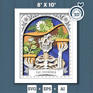 Caja de sombras 3D SVG de esqueleto de jardinero (8x10), caja de sombras 3D SVG de Halloween, cartas 3D SVG, planta 3D SVG, tarot 3D SVG Cricut Silhouette