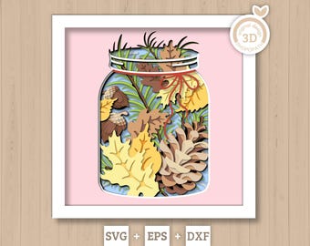 Autumn Jar Shadow Box 3D SVG With Fall Leaves, Acorns, Pine Cones and Needles Cutting Files for Cricut Silhouette With DXF EPS
