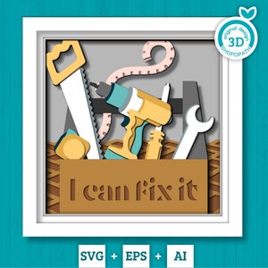 May include: A white frame with a brown toolbox inside. The toolbox is filled with tools, including a saw, a drill, a wrench, and a tape measure. The text "I can fix it" is written on the front of the toolbox.