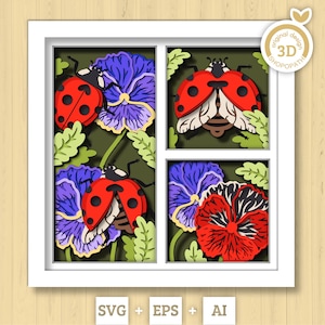 Scatola delle ombre coccinella SVG 3D, Viola del pensiero a strati SVG 3D, Scatola delle ombre estiva, Insetto dell'amore SVG 3D, Fiori SVG 3D, Carta ritagliata floreale SVG Cricut Silhouette