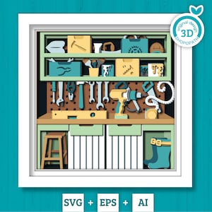 3D SVG atelier Shadow Box, poste de travail en couches 3D SVG, outils svg 3D, 3D établi de travail SVG, svg 3d fête des pères en couches, Cricut, Silhouette
