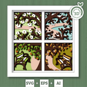 3D SVG Four Seasons Shadow Box, Layered Winter SVG, Winter Shadow Box, Spring, Summer, Fall 3D Svg, Tree Shadow Box Svg, Cricut Silhouette