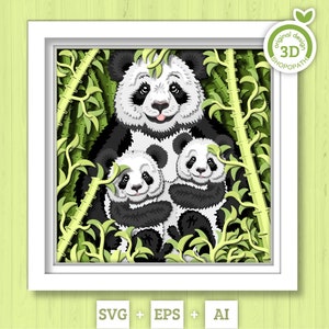 3D SVG Mãe Panda com Cubs Shadow Box, 3D SVG Panda, 3D Bamboo Svg, Mãe Panda 3D SVG, Baby Panda Shadow Box 3D svg, Cricut Silhouette