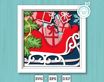 Christmas Santa's Sleigh with Presents - 3D Shadow Box Layered SVG DXF EPS (Cutting Files)