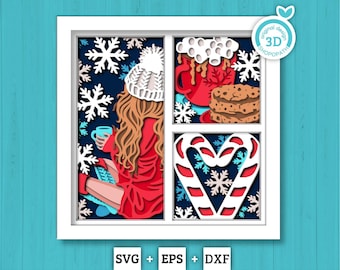 Kerstvrouw met cacaopanelen - 3D Shadow Box gelaagde SVG DXF EPS (bestanden snijden)