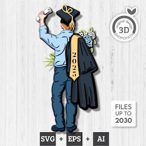 Pacote de formatura de menino em camadas 3D SVG EPS, aluno em camadas 3D, turma de 2025 3D SVG, escola em camadas 3D SVG, formatura cortada a laser, Cricut