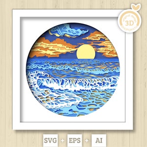Caixa de sombra 3D SVG para pôr do sol na praia, Pôr do sol 3D SVG, Praia 3D SVG, Ondas 3D SVG, Verão 3D SVG, Caixa de sombra 3D SVG para praia, Silhueta Cricut