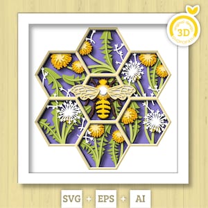 3D abeille ombre boîte SVG couches pissenlits SVG, printemps ombre boîte, abeille 3D Svg, peigne de miel 3d Svg, svg papercut, Silhouette Cricut