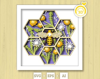 3D Bee Shadow Box SVG Layered Dandelions SVG, Spring Shadow Box, Honey Bee 3D Svg, Honey Comb 3d Svg, Papercut svg, Cricut Silhouette