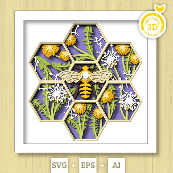 3D Bee Shadow Box SVG Layered Dandelions SVG, Spring Shadow Box, Honey Bee 3D Svg, Honey Comb 3d Svg, Papercut svg, Cricut Silhouette